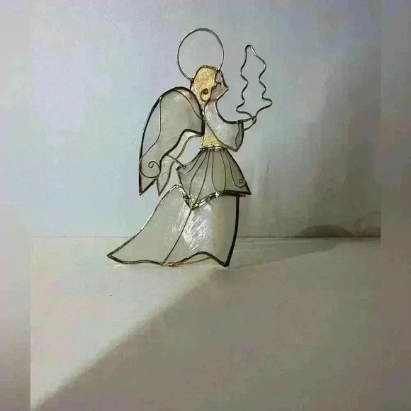 Vintage Capiz Shell Gold Metal Angel With Tree Christmas Ornament 5” - Picture 2 of 7